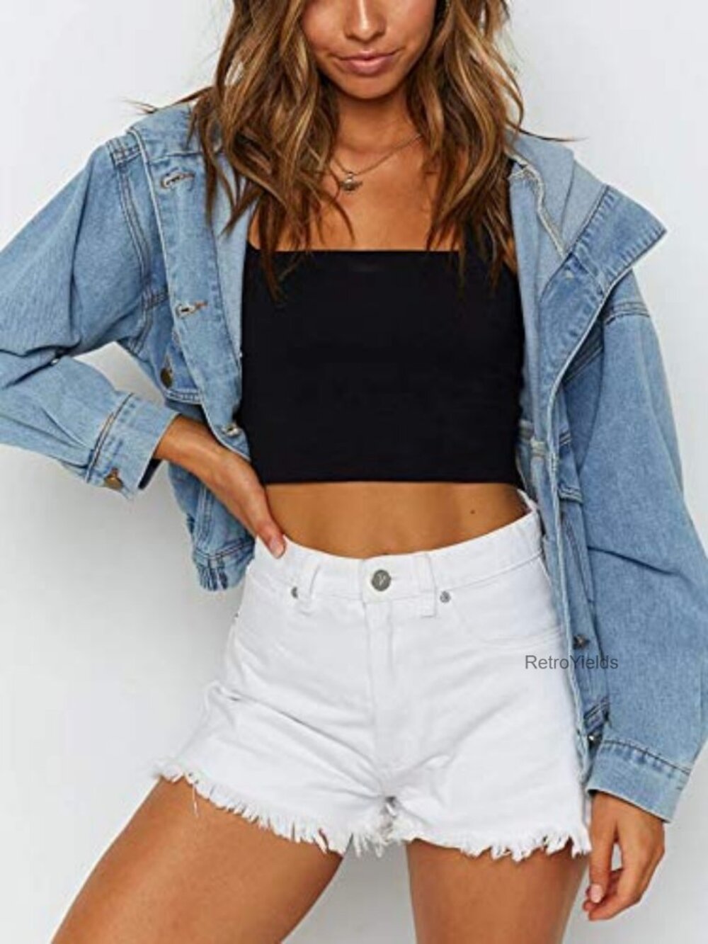 Oversized Varsity Denim Jacket with Hood Button Front Pockets - Picture 4 of 6